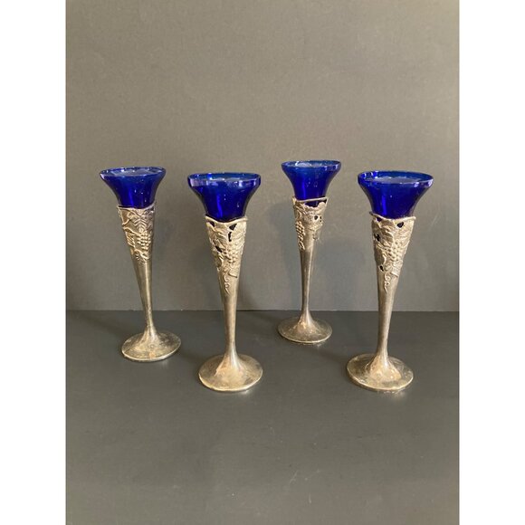 Cobalt Blue Cordial With Glass Silver Tone Stem Or Candle Holders Set of 4 - Picture 1 of 8